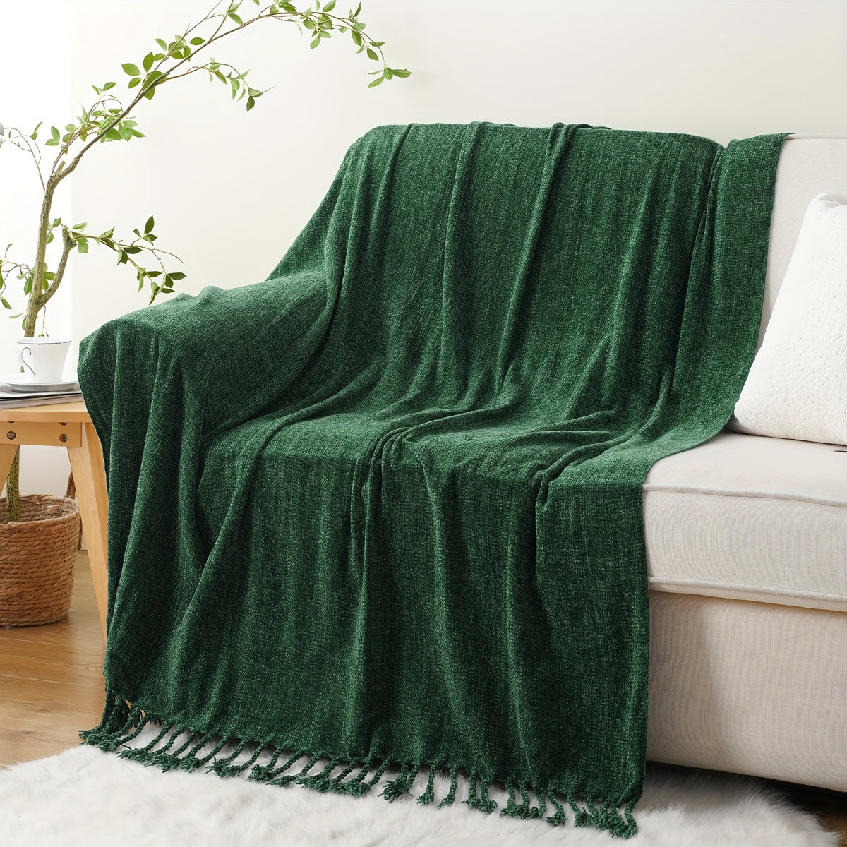 Decorative Fringe Velvety Throw Blanket for Sofa Home Decor, Chenille Throw Blanket for Couch, 50"x60"