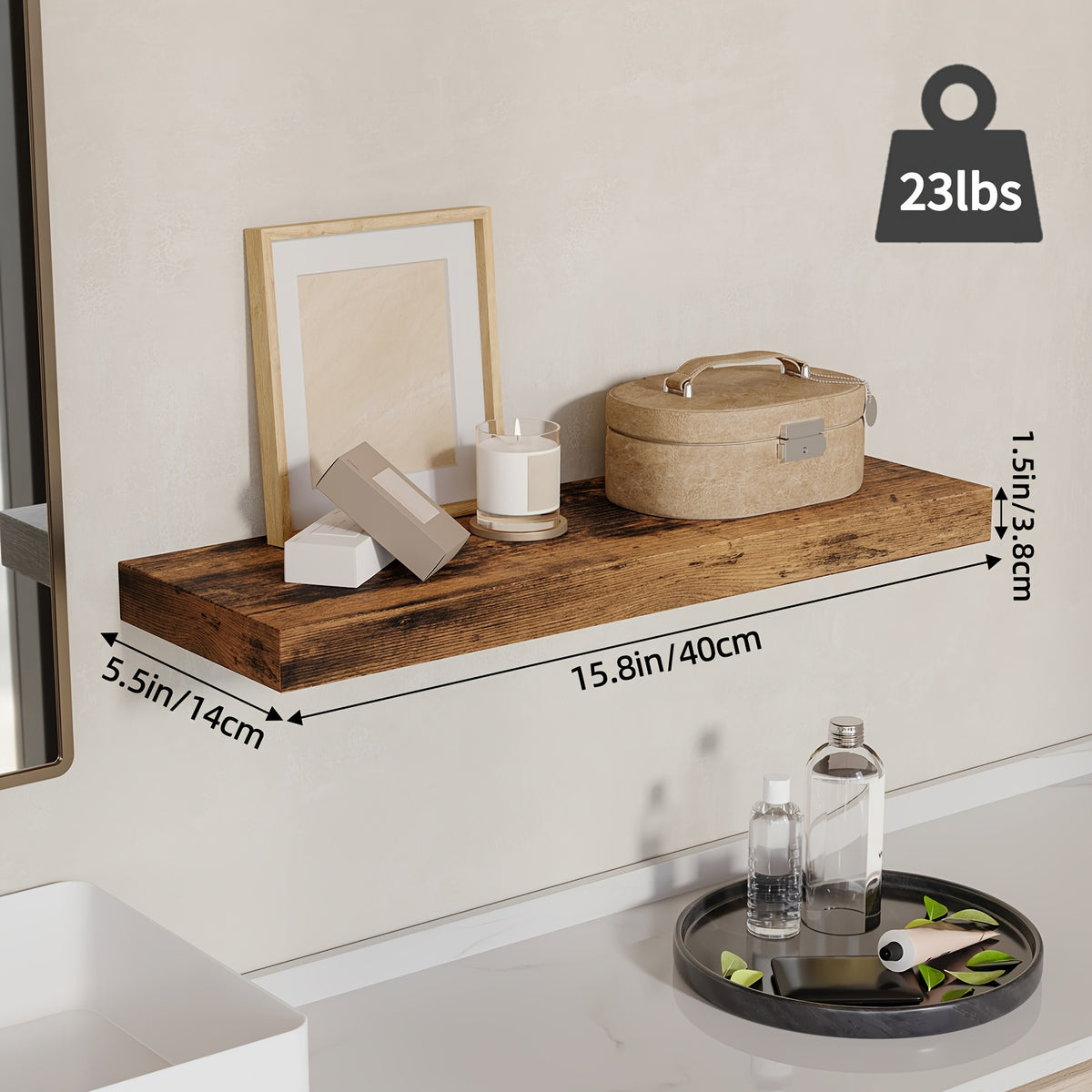 Rustic Finish Floating Shelves, 15.8 Inch Wall Display Set with Invisible Brackets in 4 or 8 Piece Options for Living Room, Bedroom and Home Decor