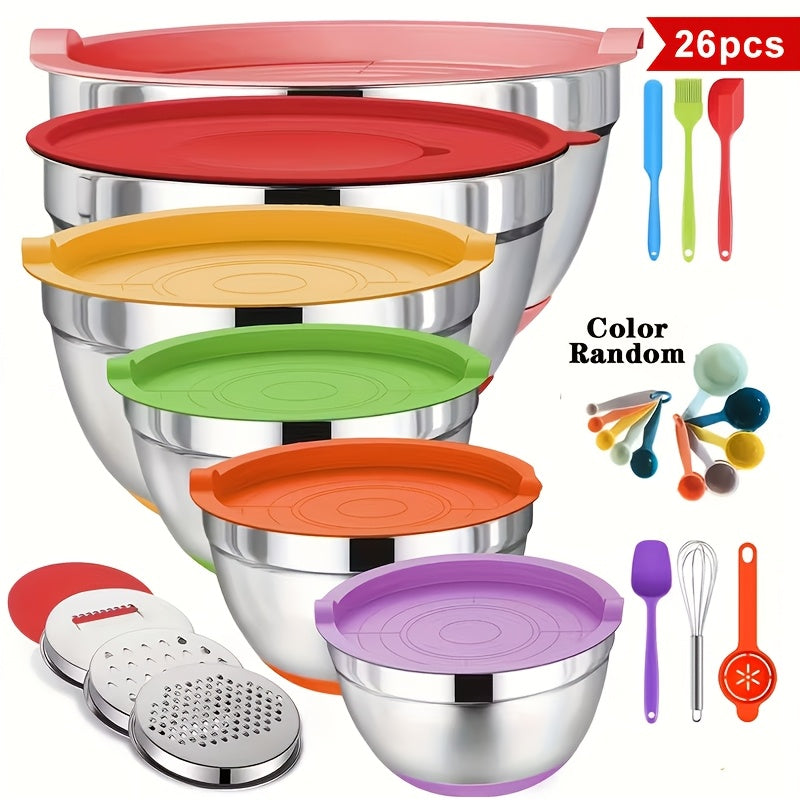 26pcs Stainless Steel Mixing Bowl Set With Sealed Lid And Anti Slip Silicone Bottom, 6 Bowls 4.5, 3.6, 2.7, 2.1, 1.7, 1.1QT Sizes+kitchen Tools, Suitable For Baking, Salad Making, Mixing, Kitchen Tidying, Christmas, Father'S Gifts, Gifts For Men