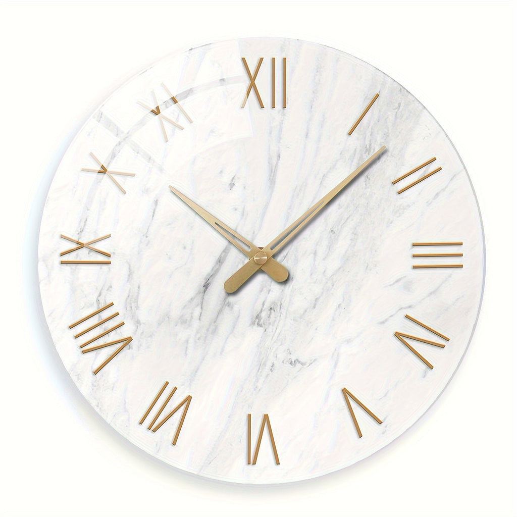 Modern White Tempered Glass Large Wall Clock - 4mm Thickened, 12-24 Inch Marble Texture Silent Clock, Large Size, Battery Powered, Handcrafted, Suitable For Living Room, Aesthetic Room, Bedroom, Office Decorative Clock, Ideal Gift