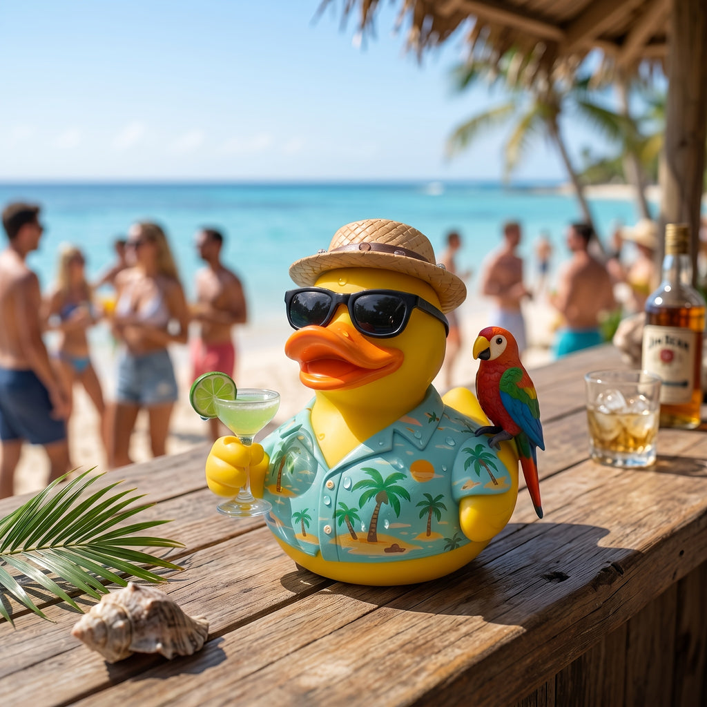 Cocktail Beach Duck, Special Summer Edition. Exquisite Craft Ornament. Perfect for Outdoor Scenes, Pool Parties, Beach Parties, Hawaiian Styles Seaside Vacations. Ideal Decor for Summer-Themed Shoots And Thoughtful Seasonal Gifts