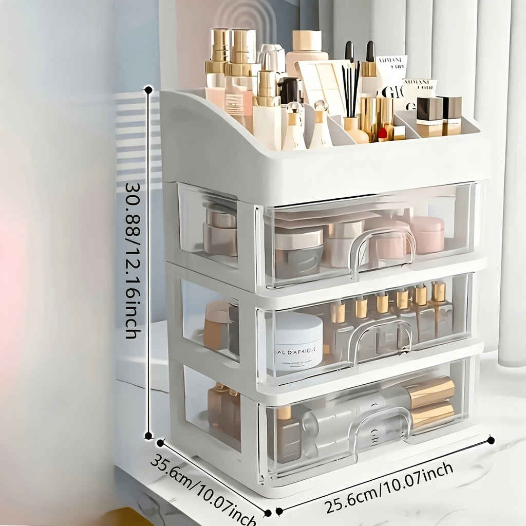 Makeup Storage Organizer with Six Top Compartments and Three Pull-Out Drawers, Four-Layer PP Plastic Cosmetic Holder for Skincare, Vanity and Desk Essentials