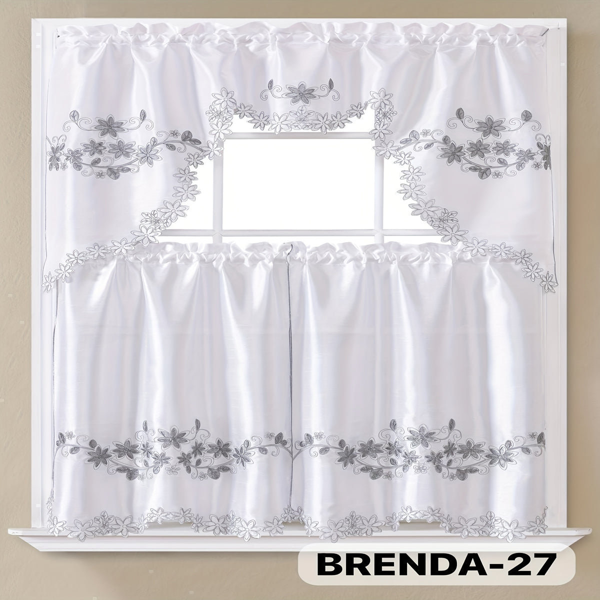 3pcs Bamboo Embroidered Kitchen Curtain Set, Floral Embroidery, Lightweight and Soft, Easy Care, Machine Washable, Satin Fabric, Embroidered