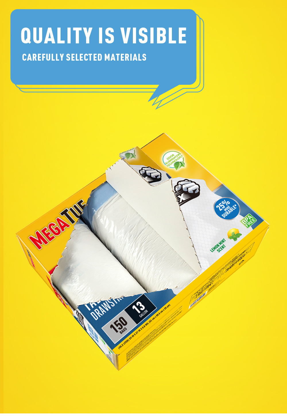 Boxed Disposable Non Tear Garbage Bag 150/78 Pieces 3 Rolls Puncture Tear Resistant Trash Bags, 13 Gallon Capacity, ODOR ELIMINATORTECHNOLOGY Kitchen Drawstring Garbage Bags Fresh Clean Scent With Lemon Mint Scent, 150/78 Count EASY TO USEDRAWSTRINGS MORE