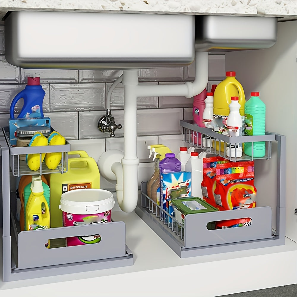 2-Tier Under Sink Organizers And Storage, Under Sink Organizer, Slide Out Pull Out Cabinet Organizer Shelf, Metal Sliding Drawer for Kitchen Bathroom Pantry Cabinet Closet Organization Rack (1 PACK/2 PACK)