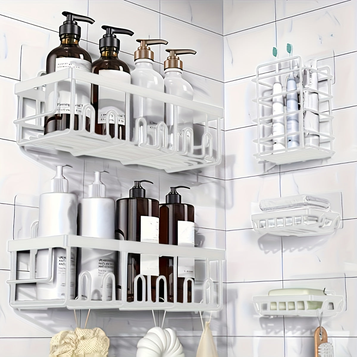 Shower Caddy Organizer, 5-Pack Adhesive Rustproof Stainless Steel Shower Shelves with Soap Holder, No Drilling Shower Storage Rack for Family Renters Bathroom, Random Colors to Choose, Shower Caddies