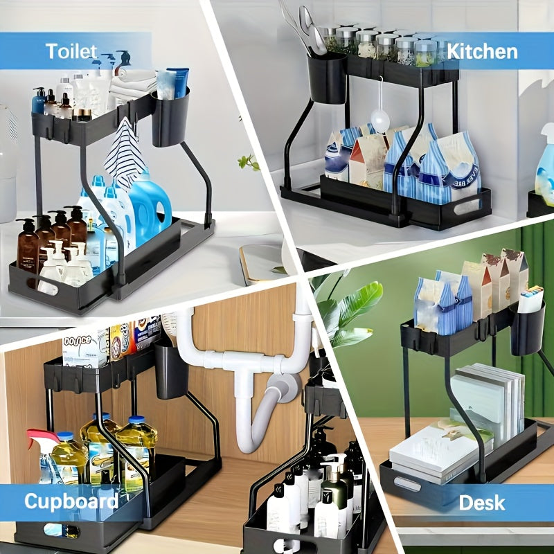 2pcs Under Sink Organizer with Sliding Shelves - Durable Pull-Out Cabinet Organizer for Bathroom & Kitchen, Space-Saving Storage Solution, Sleek Design