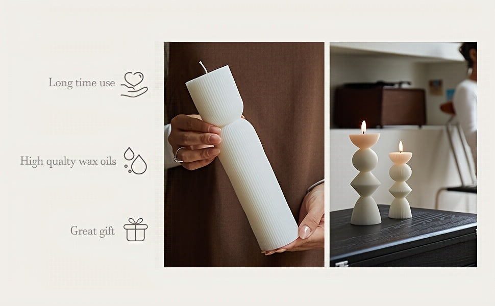 7-Pack Large Ribbed Pillar Candles - Soy Wax Handmade Home Decor Candles For Housewarming Gift, Shelf Decor, Wedding, Dining Table Centerpiece