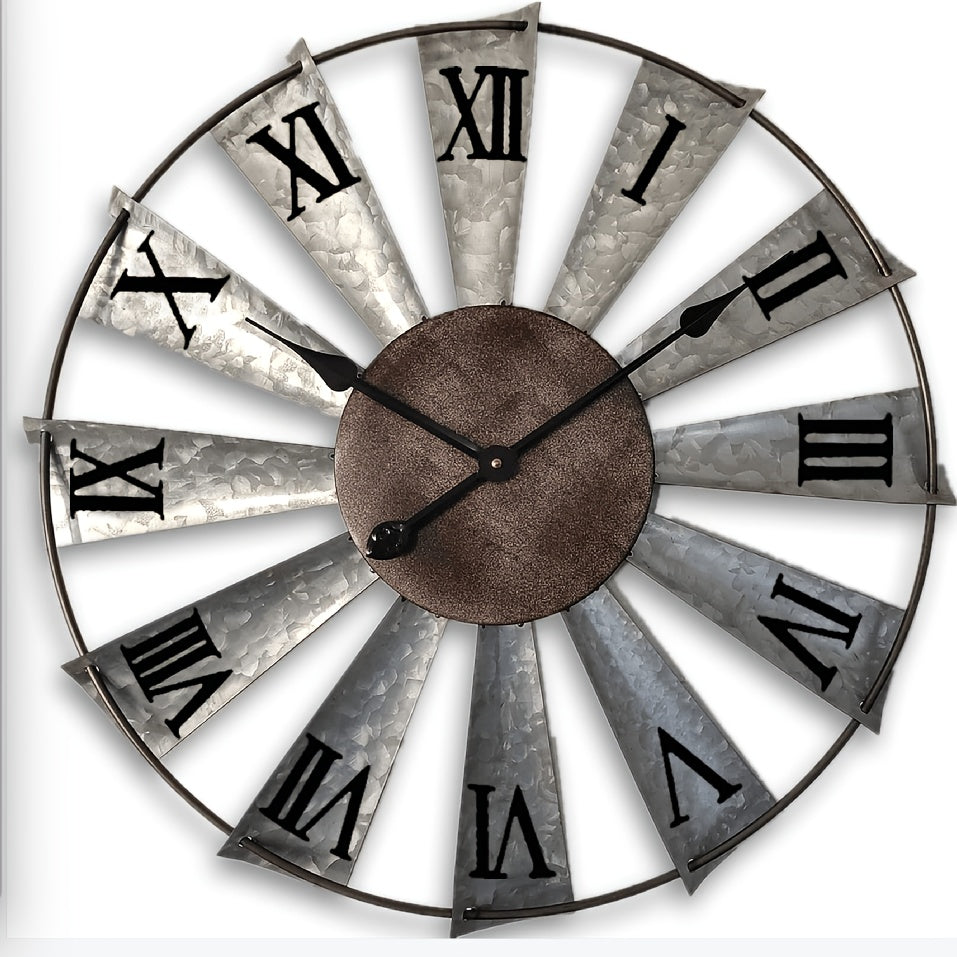 24 Inch Large Modern Farmhouse Clock, Vintage Analog Clock 3D Windmill Blades, Galvanized Metal Art Room Wall Decor Clocks Battery Operated, Quiet Mechanical, Home Decoration for Living Room, Kitchen, Dining Room, Bedroom, Porch, Front Door