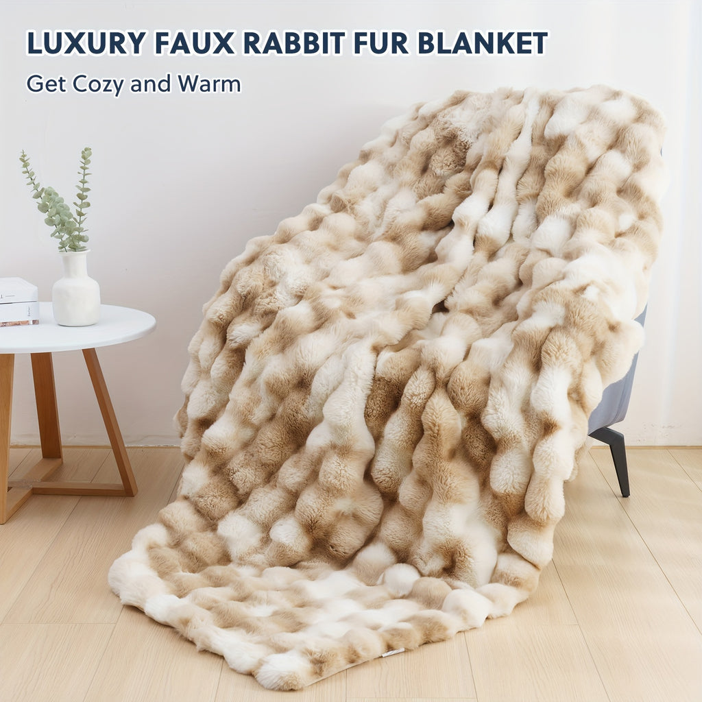Faux Rabbit Fleece Blanket with Plush Inner Layer, Soft Textured Throw in Twin, Queen and King Sizes for Sofa, Bedroom and Cozy Travel