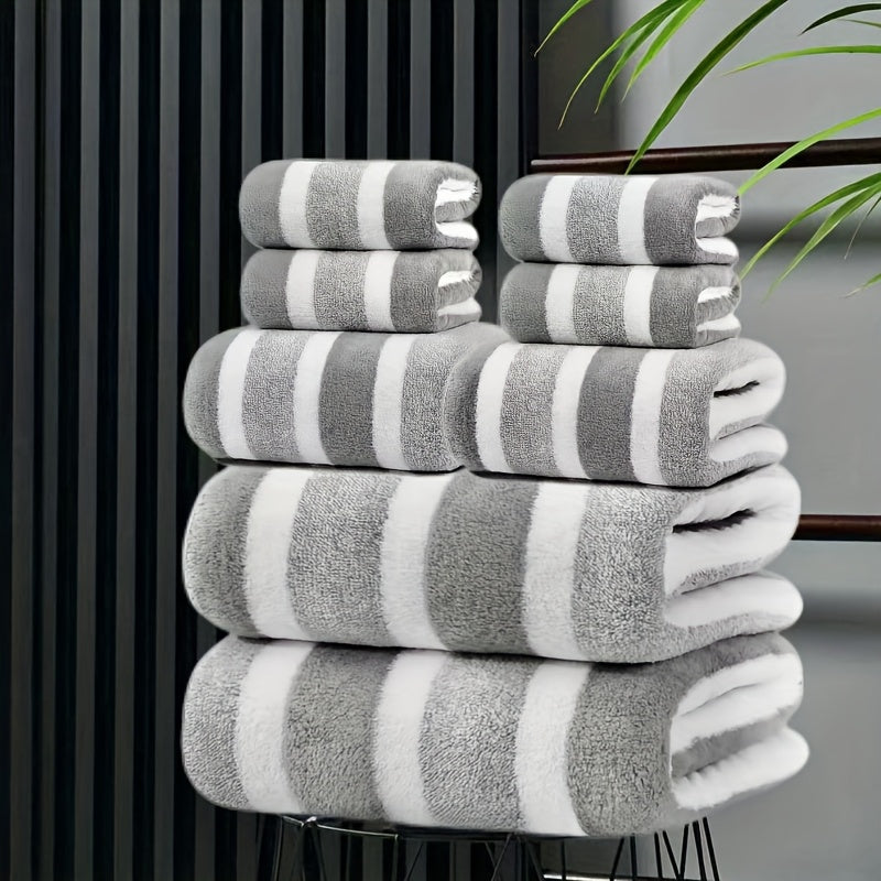8pcs Lint-Free Super Absorbent Soft Five-Star Hotel Standard Two-Color Striped Spaced Bath Towel Set, Including 2 Large Bath Towels, 2 Medium Bath Towels And 4 Small Bath Towels, Wash Cloths