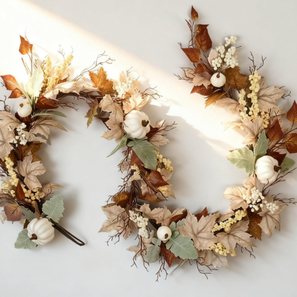 1pc Autumn Pumpkin Wreath, 71.1 Inch Artificial Maple Leaf Pumpkin Berry Vine Wreath with Pumpkin Maple Leaf Garland for Wedding, Thanksgiving Table, Farmhouse Decoration