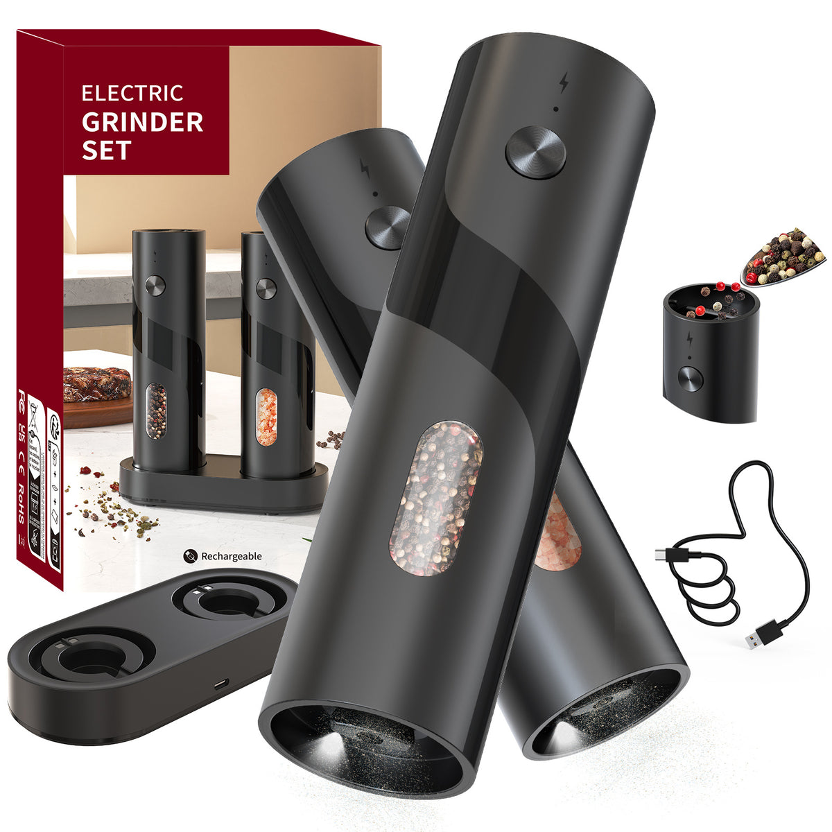 [Electric Spice Grinder] 1/2pcs Salt And Pepper Seasoning Bottles Electric Grinder Kitchen Electric Spice Grinder With Grinding Inspection Light Top-Filling Large Capacity Two-Piece Set With Charging Base Electric Spice Grinder Gift Set Preferred Kitchen