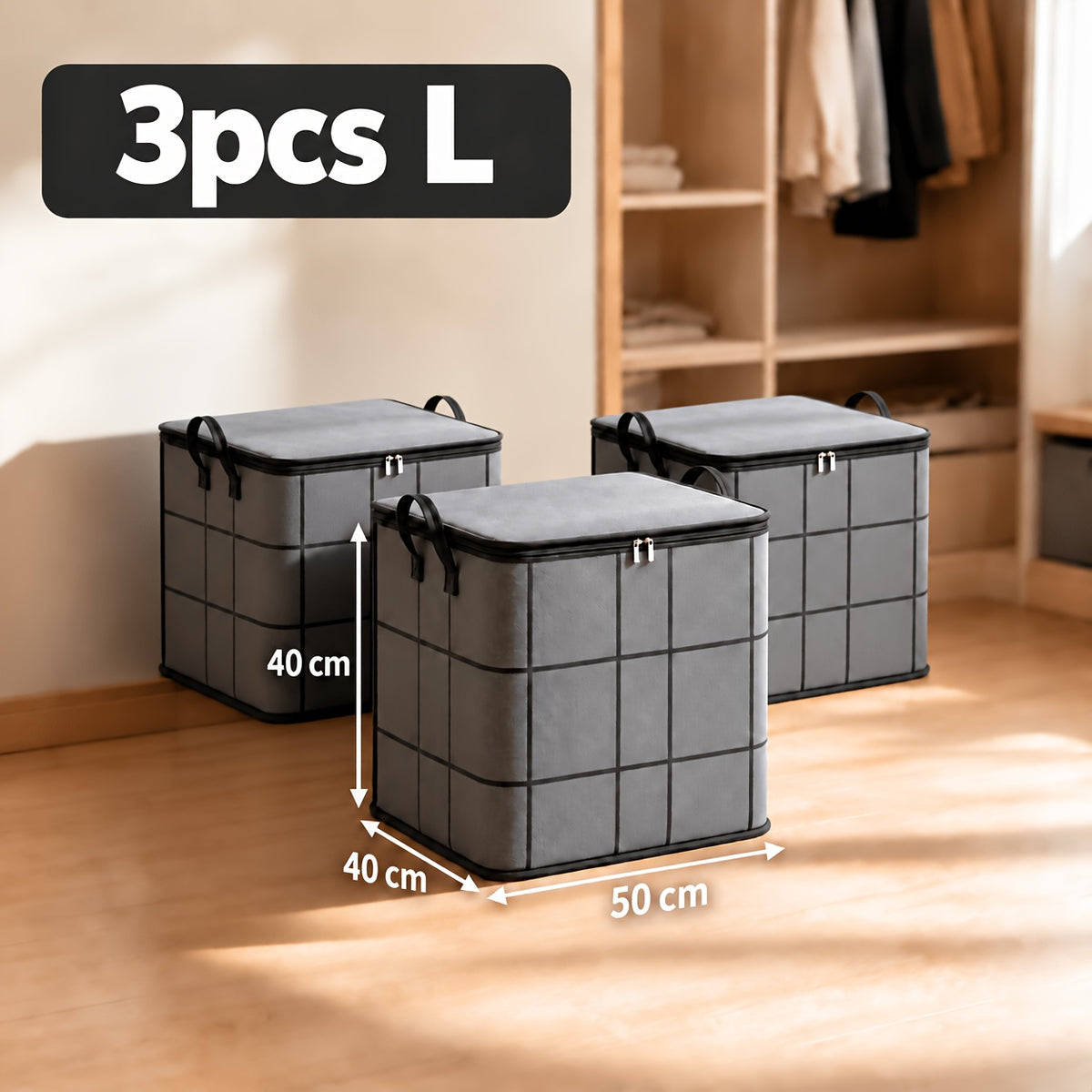 3pcs Set L/XL/XXL Storage Bags with Zippers And Lids - Foldable Durable Organizer Bags for Bedding, Blankets, Pillows, And with Portable Handles, Essential Travel Gear, Under-Bed Storage