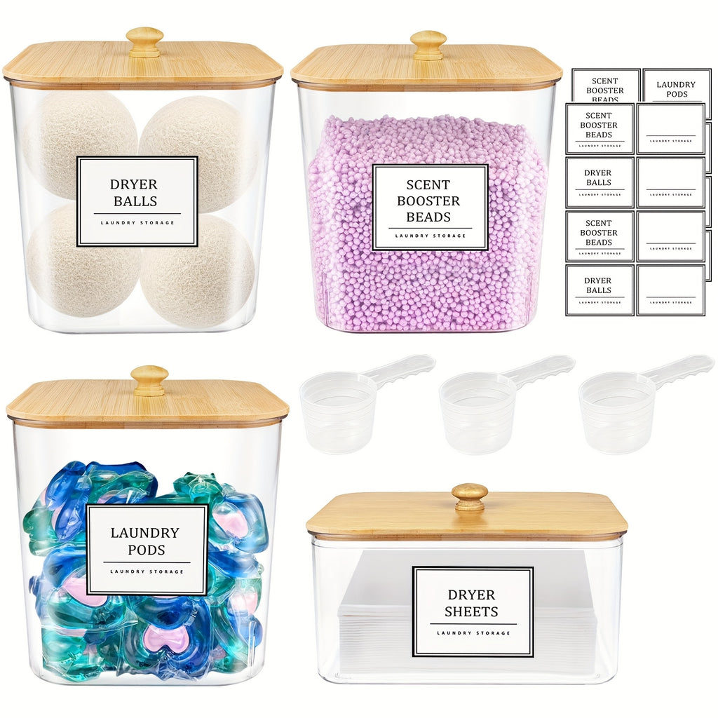 2/3/4+1 Pack Laundry Organization And Storage And Dryer Sheet Holder Set, Clear Laundry Room Organization Containers with Bamboo Lids And Labels, Laundry Pods Holder for Scent Booster, Powder, Pod
