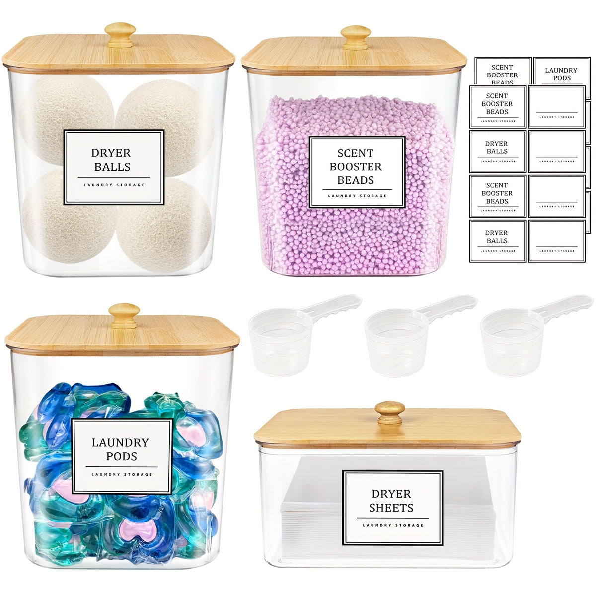 2/3/4+1 Pack Laundry Organization And Storage And Dryer Sheet Holder Set, Clear Laundry Room Organization Containers with Bamboo Lids And Labels, Laundry Pods Holder for Scent Booster, Powder, Pod