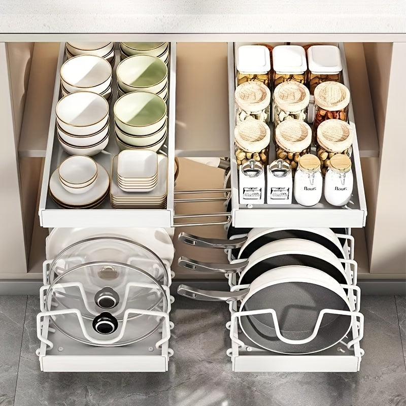 Slide-Out Cookware Organizer, Metal Cabinet Rack with Adjustable Dividers for Pots, Pan Lids, Baking Trays and Plates in Black, White or Gray, 1 or 2 Pieces