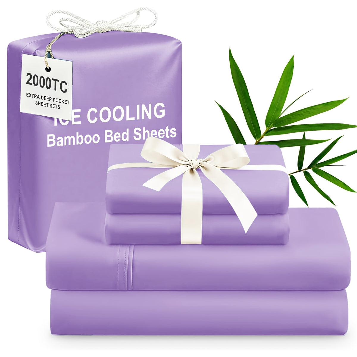 4pcs Bamboo Cooling Bedding - Extra Deep Pocket Breathable And Cooling - Suitable for Hot Sleepers And Sweats, Children Pillowcases, Flat Sheet And Fitted Sheet - A Perfect Gift for Family, Queen And King Sizes