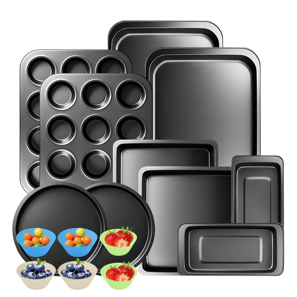 2/6/7/8/12/16/18pcs Nonstick Baking Pans Set Kitchen Baking Sheets Oven Bakeware Sets Round/Square Cake Pan Muffin Pan, Loaf Pan, Roast Pan, Cookie Sheet Baking Supplies Grey Measuring Spoon Scraper Rack Whisks Bread Bag Muffin Cups Spatulas