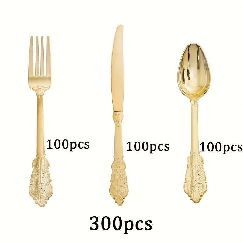 300pcs Premium Disposable Cutlery Set Serves 100 Guests Golden/Silvery Finish Durable Heavyweight Plastic Cutlery Resistant to Warping for Daily Use Ideal for Parties/Weddings/Holiday Gatherings Perfect for Valentine's Day, Christmas, And New Year's