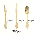 Disposable Cutlery Set, 300 Piece Heavyweight Plastic Flatware for 100 Guests in Gold or Silver Retro Style for Weddings, Parties and Holiday Meals