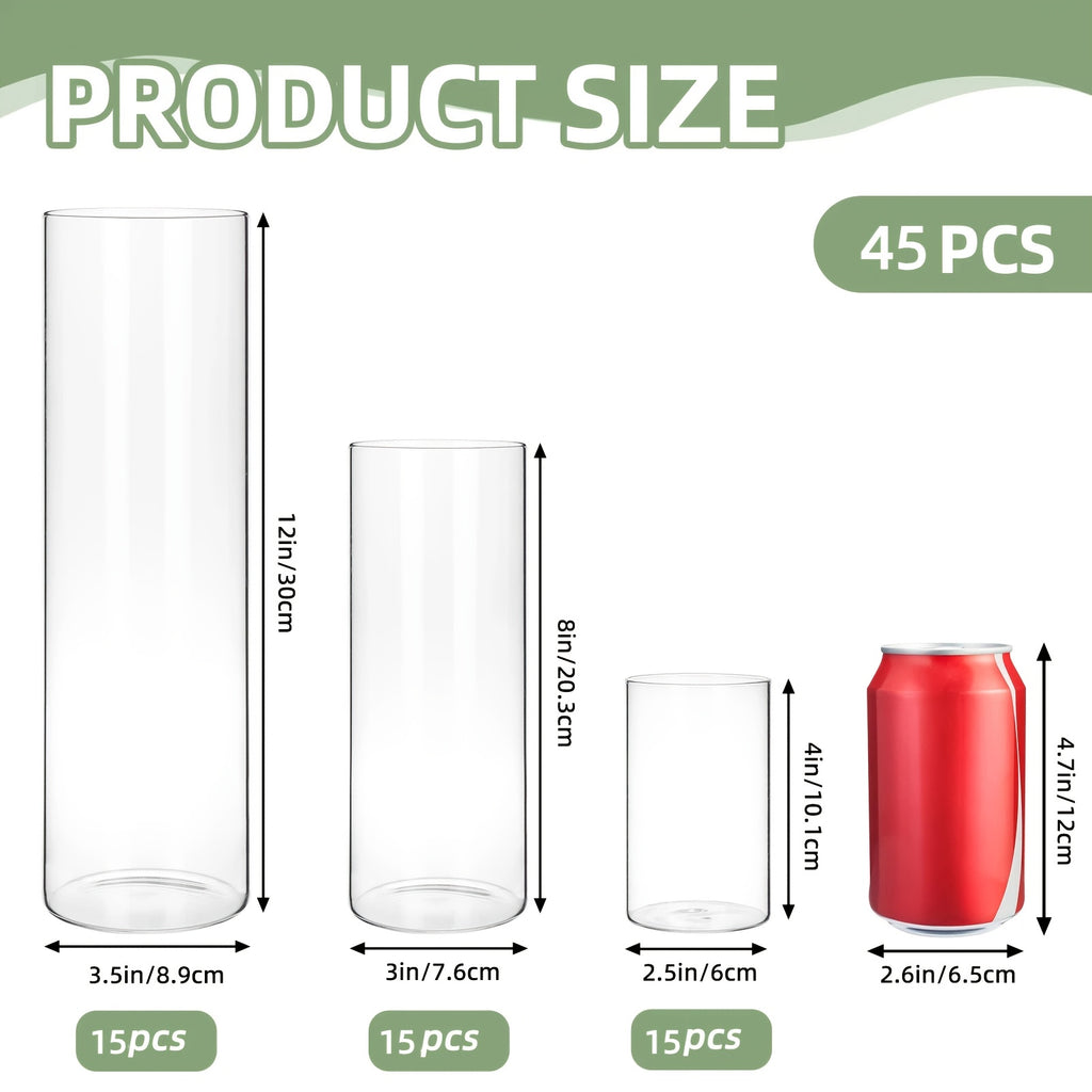 9/15/18/36/45pcs Set of Transparent Glass Cylinder/Square Vases, 4", 8", 12" Height, Assorted Sizes Glass Vases, Tall Glass Vases, Wedding Table Centerpieces, Party Table Centerpieces, Hurricane Floating Candle Holder Vases, Desktop Shelves