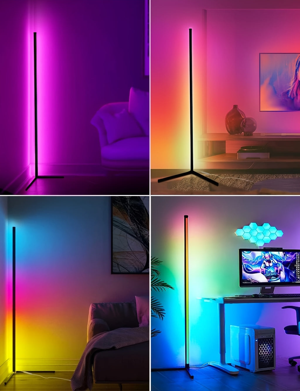 LED Corner Floor Lamp with RGBIC Color Changing Scenes, App and Remote Control, Music Sync and Timer for Bedroom Living Room and Gaming Setup
