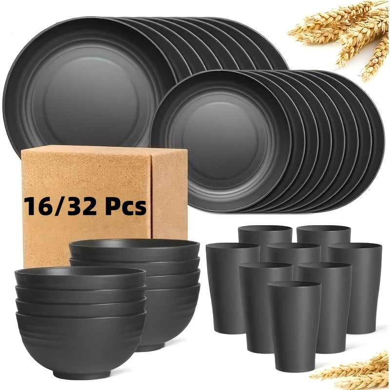 16pcs/32pcs Kitchen Wheat Straw Large Size Dinnerware Set, for 4/8, Unbreakable Modern Dish Set Dinner Plate/Dessert Plate/Cereal Bowl/Cup, Dishwasher Safe, Lightweight Tableware, Camping And Everyday Use, Gifts for Men/Women/Christmas/Halloween