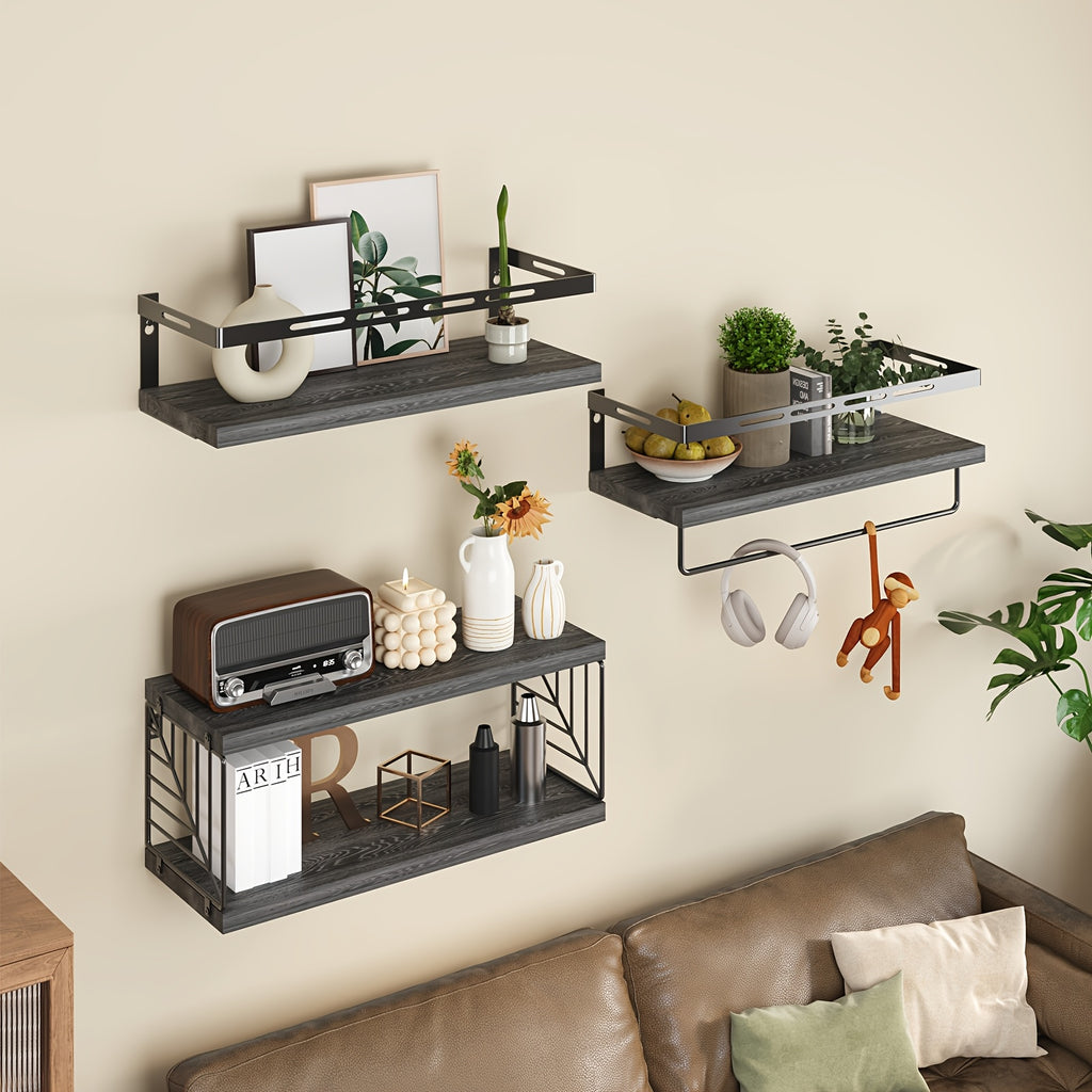 TOMNK 3+1 Tier Wall-Mounted Shelf with Black Metal Guardrails and Storage Baskets, Sturdy and Durable, Space-Saving, Multi-Functional Home Decor, Suitable for Kitchen, Bathroom, Bedroom, Living Room, Small Indoor Spaces, Wall Decoration