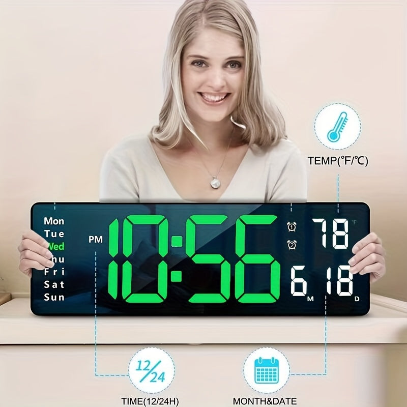 1pc 16inch Smart Digital Wall Clock - Large Color LED Display, Auto 10-Level Brightness, 12/ 24H Time, Temperature/ Humidity Monitor, Dual Alarm with Snooze, USB Powered, Perfect for Living Room/ Office/ Bedroom(Includes Remote Control)
