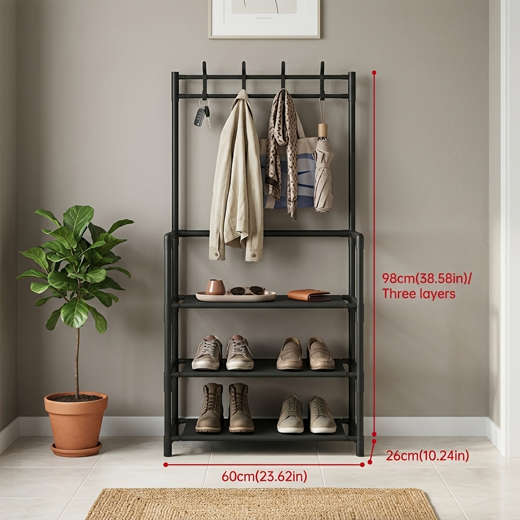 Multifunctional 5-Tier to 3-Tier Shoe Rack, Freestanding Shoe Organizer, Shoe Storage And Organizer, Shelves, with Multi-Layer Storage And 8pcs Double Hooks, Suitable for Living Room, Bedroom, Entrance