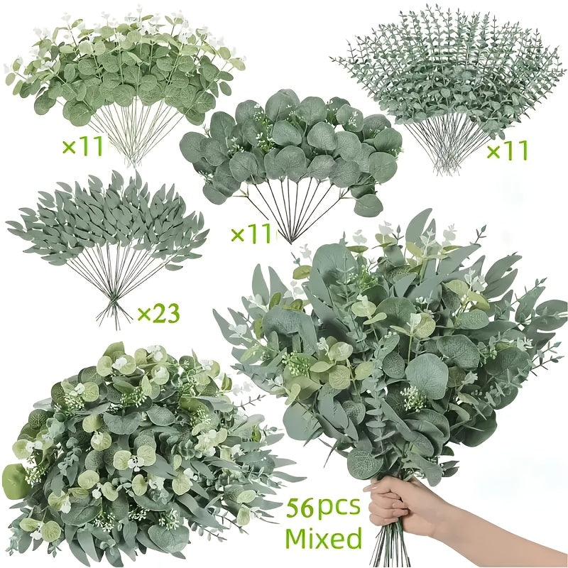 50/56pcs Bulk Artificial Eucalyptus Flowers & Stems with 4 Leaf Varieties - Realistic DIY Wedding, Valentine's, St. Patrick's Day, Spring Decorations - Lifelike Green Foliage Bouquets with White Flowers, Durable Plastic Blooms for Home, Office