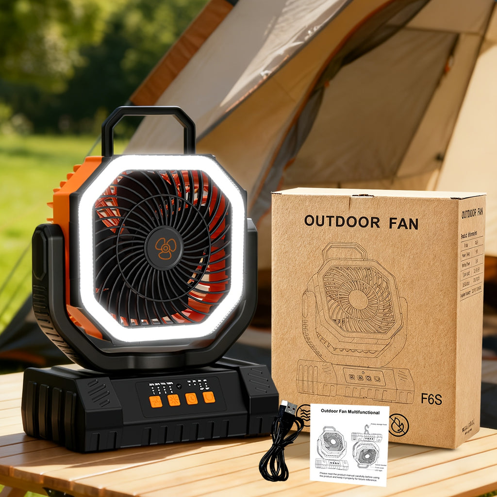 [For Indoor/Outdoor] 3-In-1 Indoor Outdoor Camping Fan Light Power Bank 20000mAh, 4-Speed Wind LED Dimming, Multi-Angle Rotation, Long-Lasting Power For Hiking Tent Office