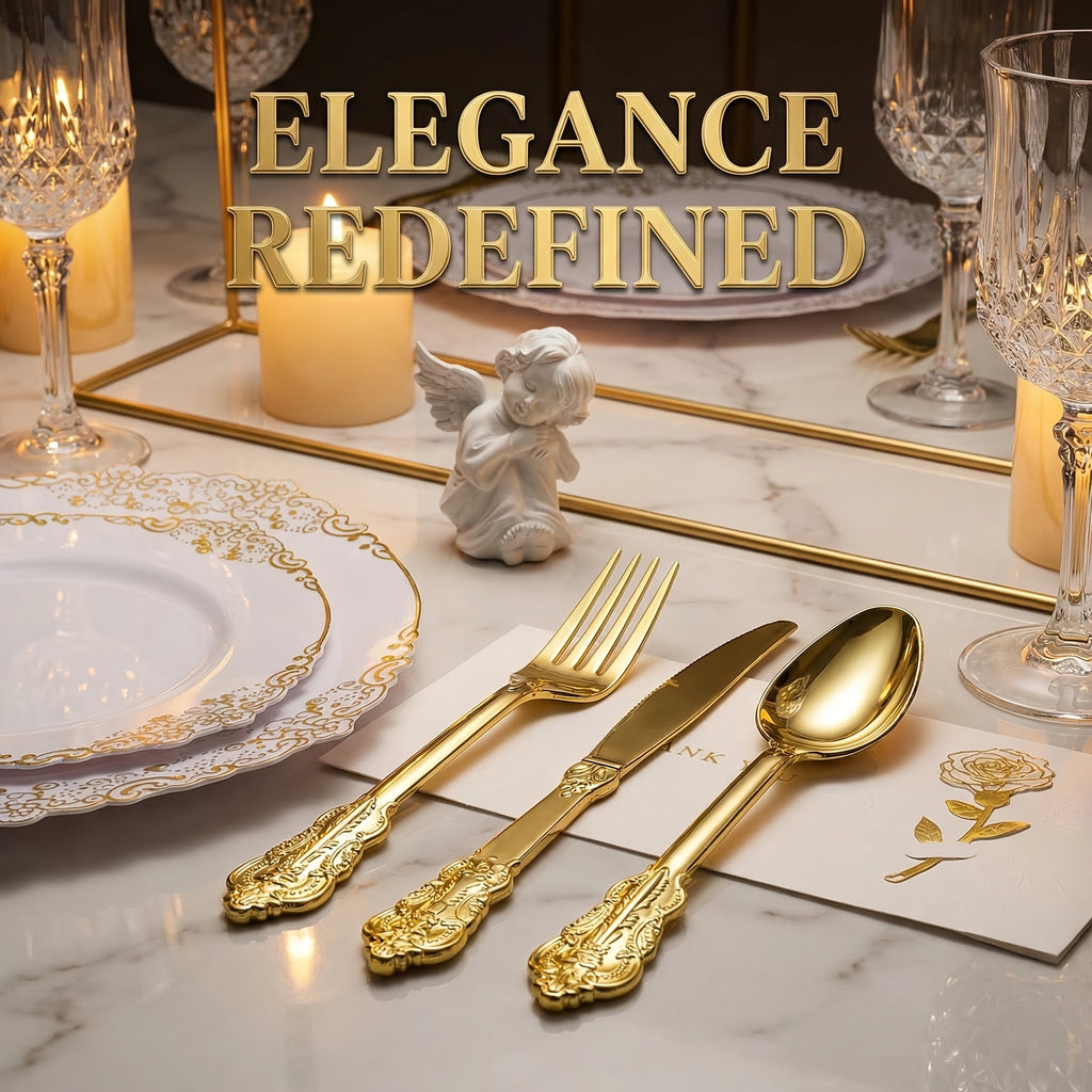 300pcs Premium Disposable Cutlery Set Serves 100 Guests Golden/Silvery Finish Durable Heavyweight Plastic Cutlery Resistant to Warping for Daily Use Ideal for Parties/Weddings/Holiday Gatherings Perfect for Valentine's Day, Christmas, And New Year's