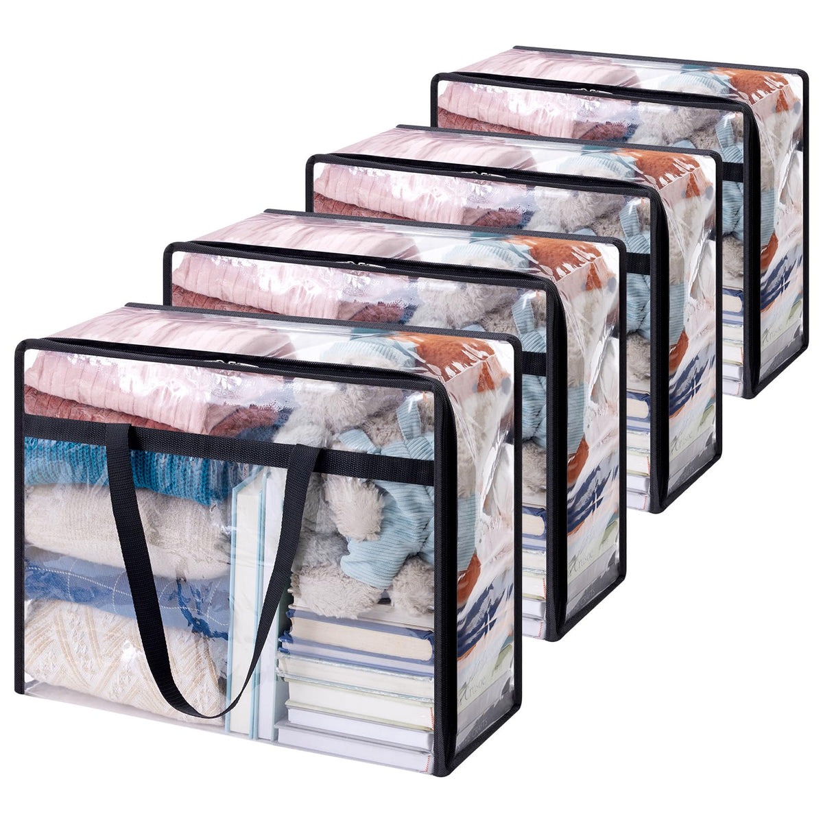 4pcs Heavy-Duty Clear Plastic-Like Vinyl Storage Bags with Black Zipper Closure - 10.57gal Large Capacity Foldable Moving & Organizers for Clothes, Bedding, Blankets, Duvets - Garment & Bedspread Containers, Under-Bed Storage