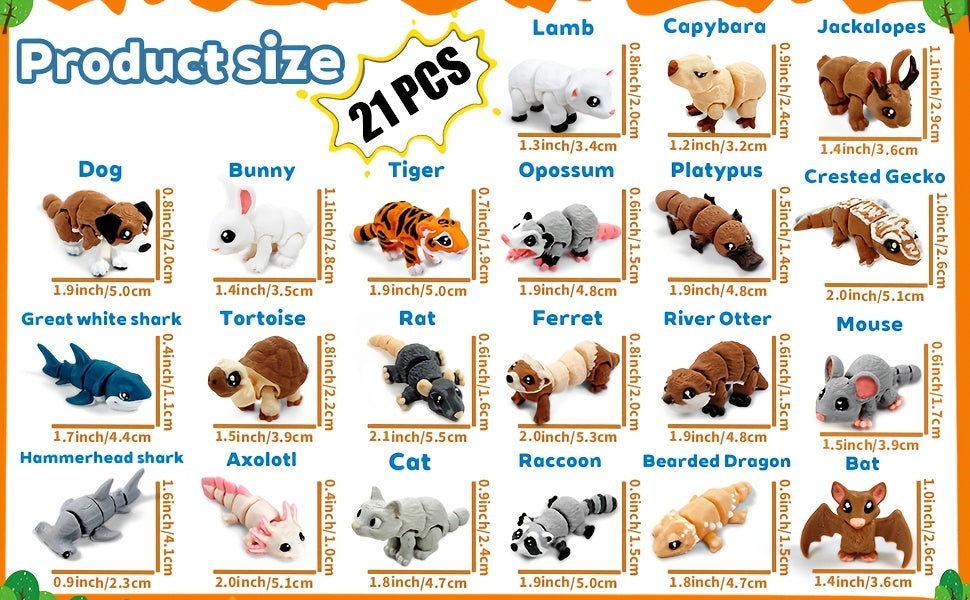 21pcs Mini 3D Printed Animal Statues - Movable Joints Realistic Collectible Figurines Set for Adults, Home Office Desk Decoration & Display(0.9-2.0inch)