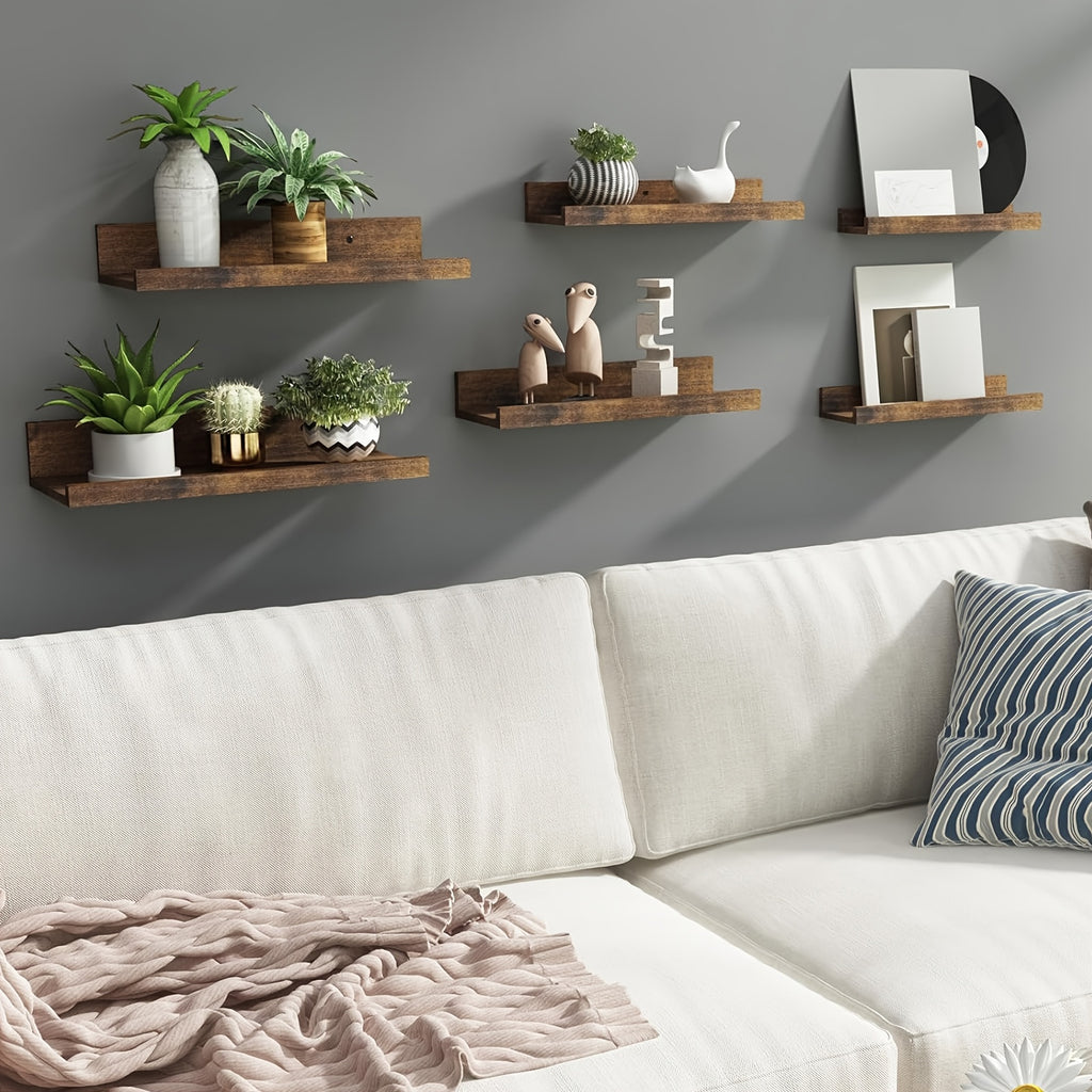 Floating Shelves in Six Sizes, 6-Piece Wall Mounted Ledge Set in Brown, White or Black for Bedroom Displays, Bathroom Storage and Living Room Decor