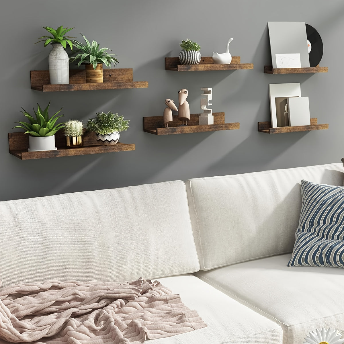 Floating Shelves in Six Sizes, 6-Piece Wall Mounted Ledge Set in Brown, White or Black for Bedroom Displays, Bathroom Storage and Living Room Decor