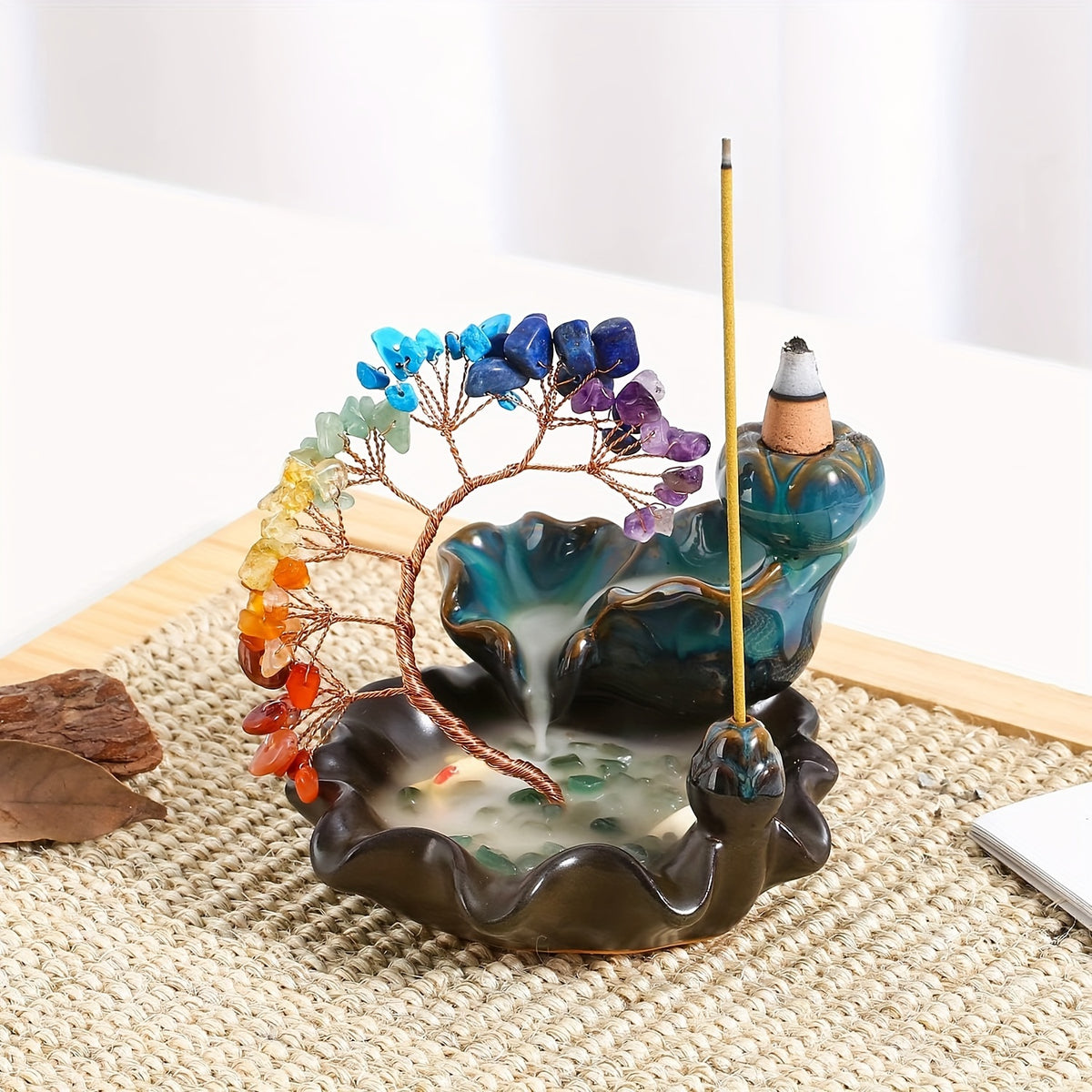 A Ceramic Incense Holder with 7 Flowing Water Crystal Money Trees, Suitable for Yoga Meditation And Home Decoration.