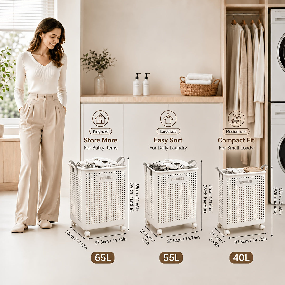 11/15/17.5 Gallon Foldable Laundry Basket with Wheels, Breathable Plastic Rolling Laundry Hamper with Faux Leather Handles, Space-Saving Clothes Storage Bin for Bathroom And Bedroom, Laundry Baskets