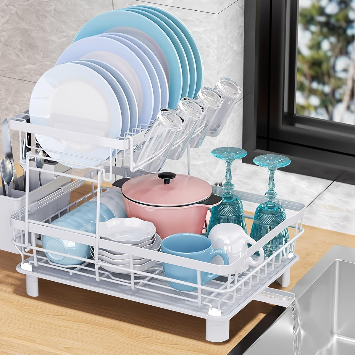 Dish Drying Rack, 2 Tier Dish Racks for Kitchen Counter, Large Stainless Steel Kitchen Dish Drying Rack, Detachable Large Capacity Dish Drainer Organizer with Utensil Holder, Drain Board