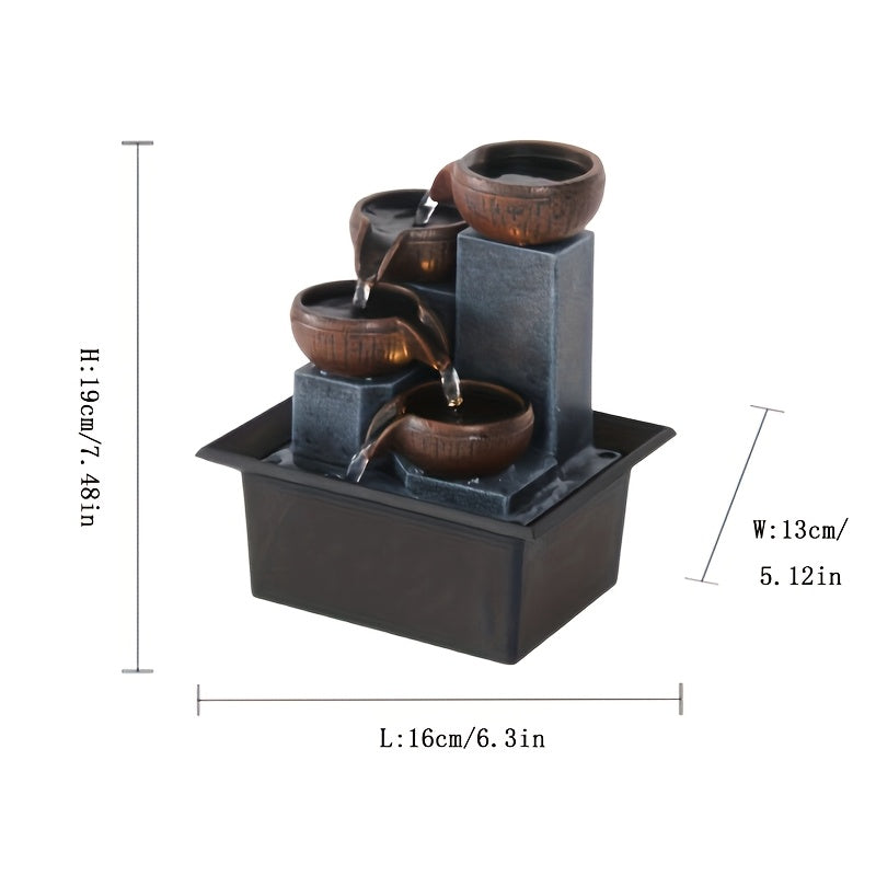 1pc USB Powered Four-Story Desktop Fountain Waterfall with Warm LED Lights, Adjustable Three-Level Pump, Plastic Indoor Decor for Home And Office, Architecture Theme