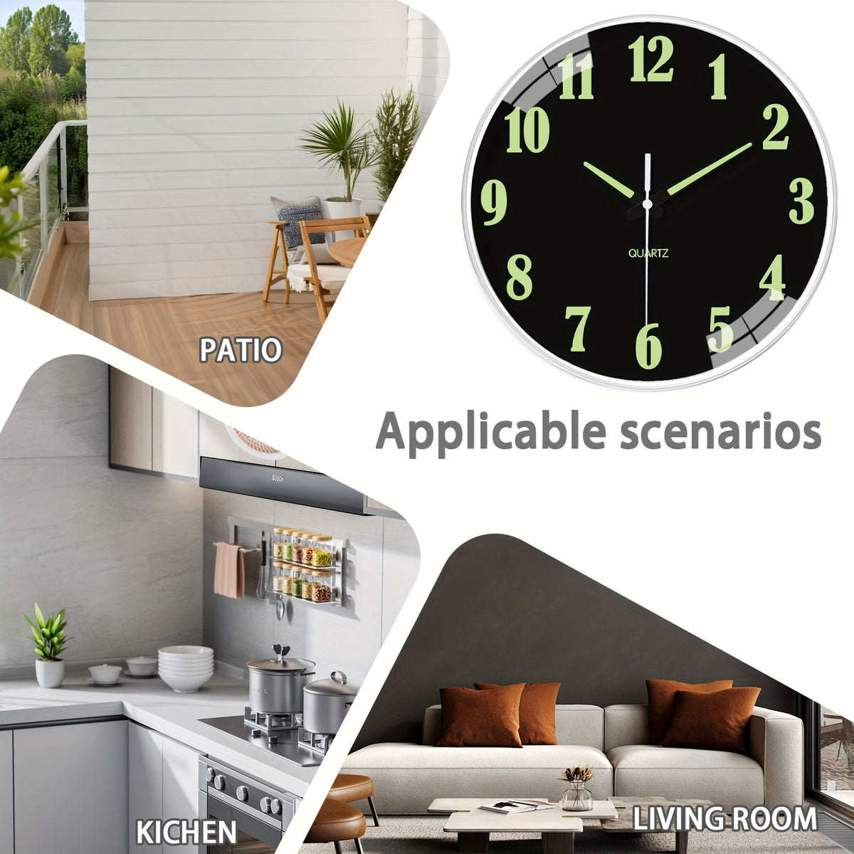 8-16 Inch Modern Black Glow-in-the-Dark Wall Clock, Silent No-Ticking, Battery Powered, Decorative Clock for Living Room, Bedroom, Office & Kitchen, Plastic Frame with High-Transparency Glass Mirror, Perfect Christmas & Housewarming Gift