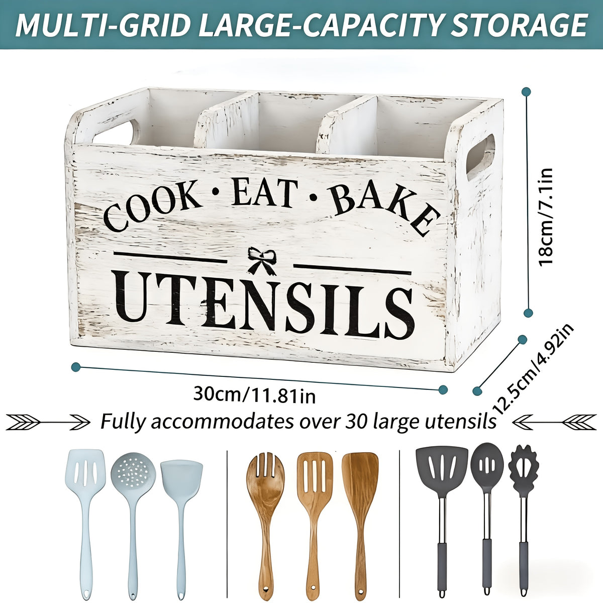 Extra Large Rustic Wooden Utensil Organizer - 3-Compartment Countertop & Wall-Mounted Storage Box for Cooking/Baking Tools, Heavy-Duty Kitchen Rack with Multi-Functional Design (Natural Wood)