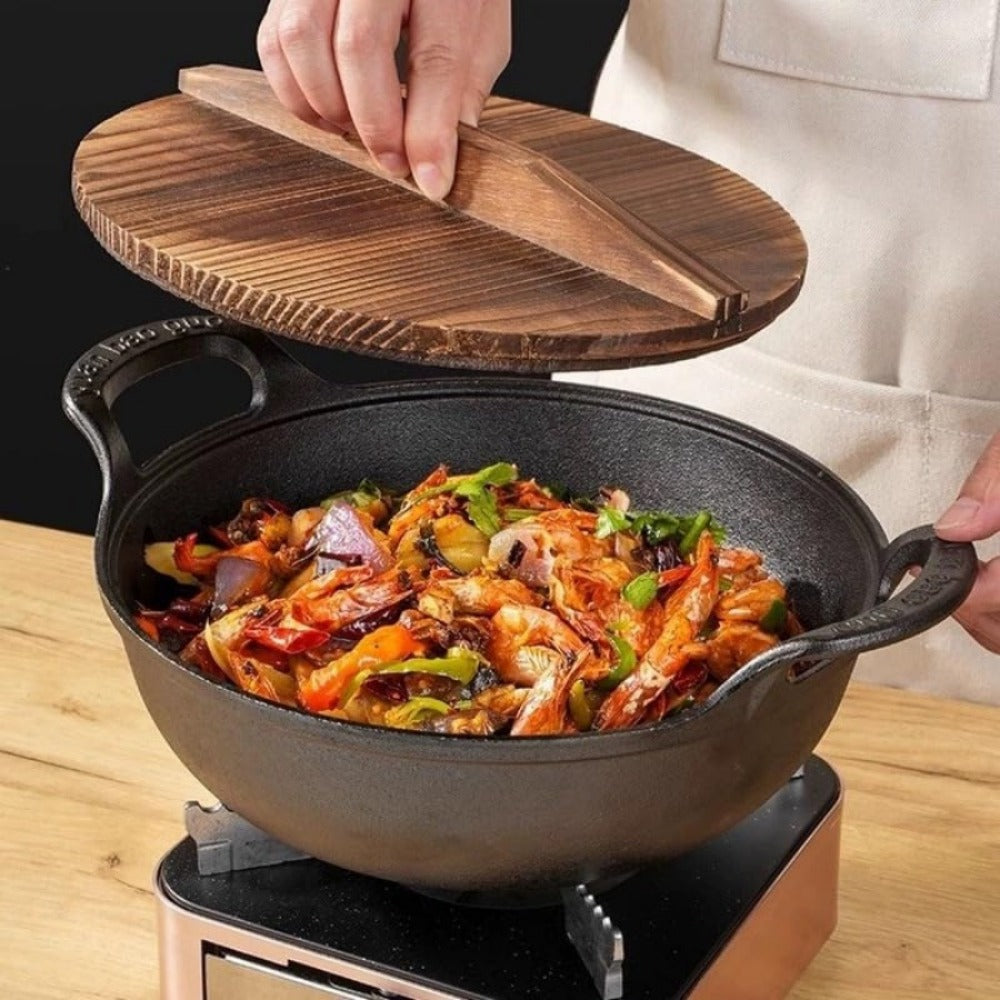 2-Piece/1-Piece Pre-Seasoned Cast Iron Wok Set - Grill & Stove Pan with Handles, Oven Safe Nonstick Skillet for Stir Fry, BBQ, Camping (No Lid)