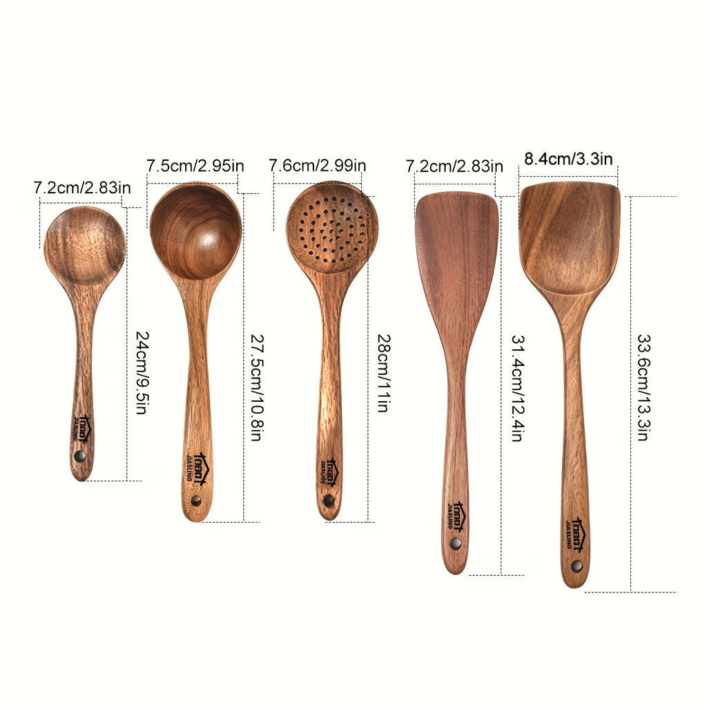 3/5/7Pcs Premium Wooden Kitchen Utensils Kit -Ergonomic Handles Natural Wooden Spoons Spurtle Ladle and Wok Spatulas Heavy-Duty Wooden Utility Set for Non-Stick Pans Heat Resistant Easy to Clean and Durable Kitchen Essentials Cookware Accessories