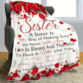 Sister Gift Blanket with Red Rose Print and Loving Message, Soft Warm Flannel Throw in Three Sizes for Couch Lounging, Travel, Birthdays and Christmas