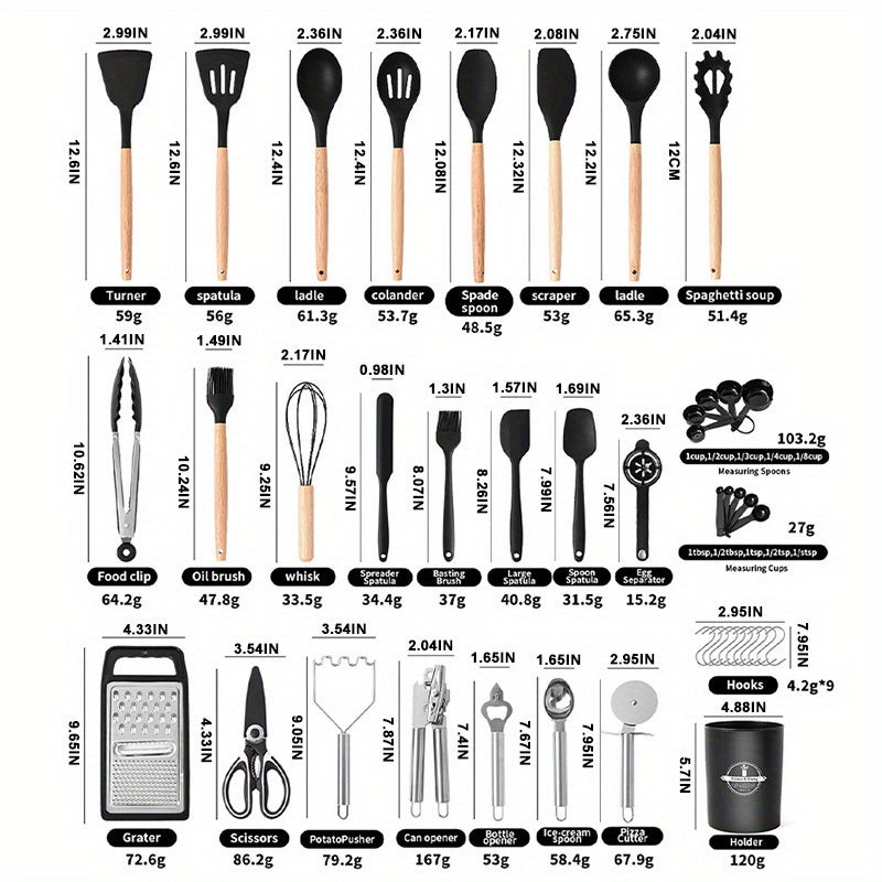 37/44pcs Complete Silicone Kitchen Cooking Utensil Set, Ultra Cost-Effective All-In-One Kitchen Gadgets, High Heat Resistant Non-Stick Cookware Tools, Dishwasher Safe, Ideal for Cooking Beginners And Kitchen Enthusiasts, Perfect Holiday Gift