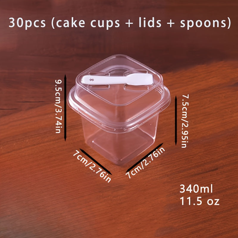 [30pcs Dessert Boxes] 30pcs PET Transparent Square Dessert Boxes, Including (Cake Cup And Lid And Spoon) Dessert Packaging Box With Spoon, Sealed And Leak-Proof, Baking Mille-Feuille Mousse Cake Packaging Container, Suitable For Cakes, Mousses, Fruits, Ic