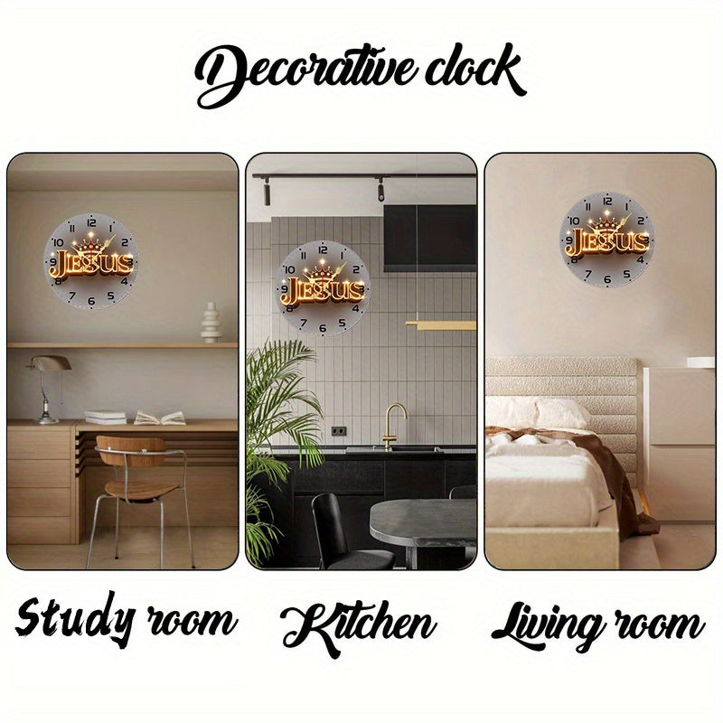 2D Flat, 10-Inch Silent Wall Clock with Golden Crown Design - Round Wooden Frameless Clock, Battery Operated (AA Batteries Not Included) - Suitable for Living Room, Bedroom, Kitchen, Home And Office Decoration - Aesthetic Religious Gift